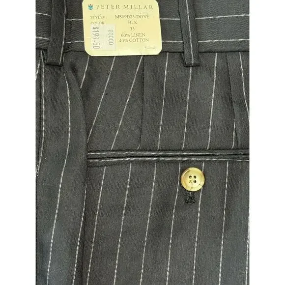 NWT Peter Millar Men's Linen & Cotton Dress Pants Black White Pinstripe Size 33